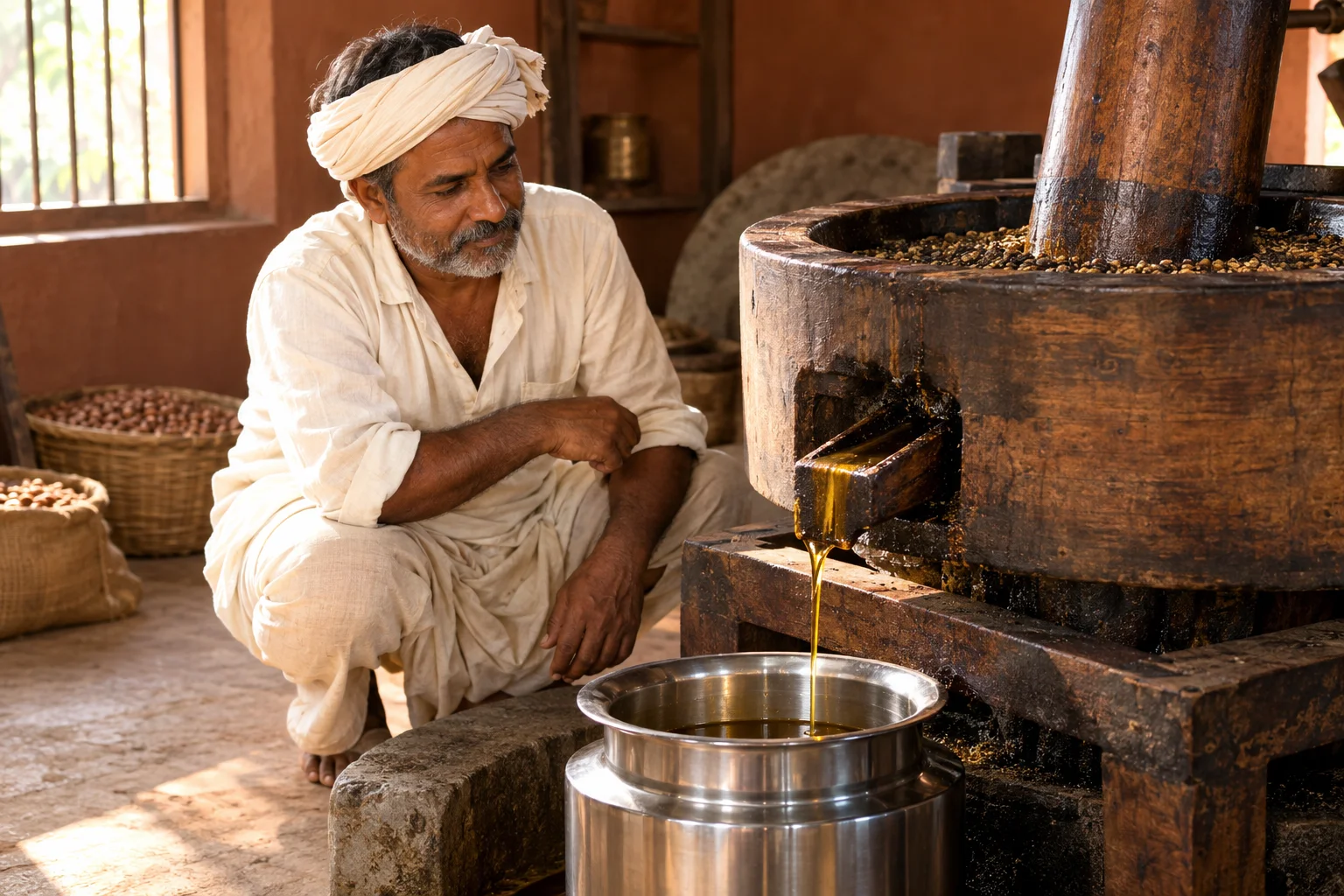 Illustrative wood-pressed oils story scene, not actual MVF suppliers or customers