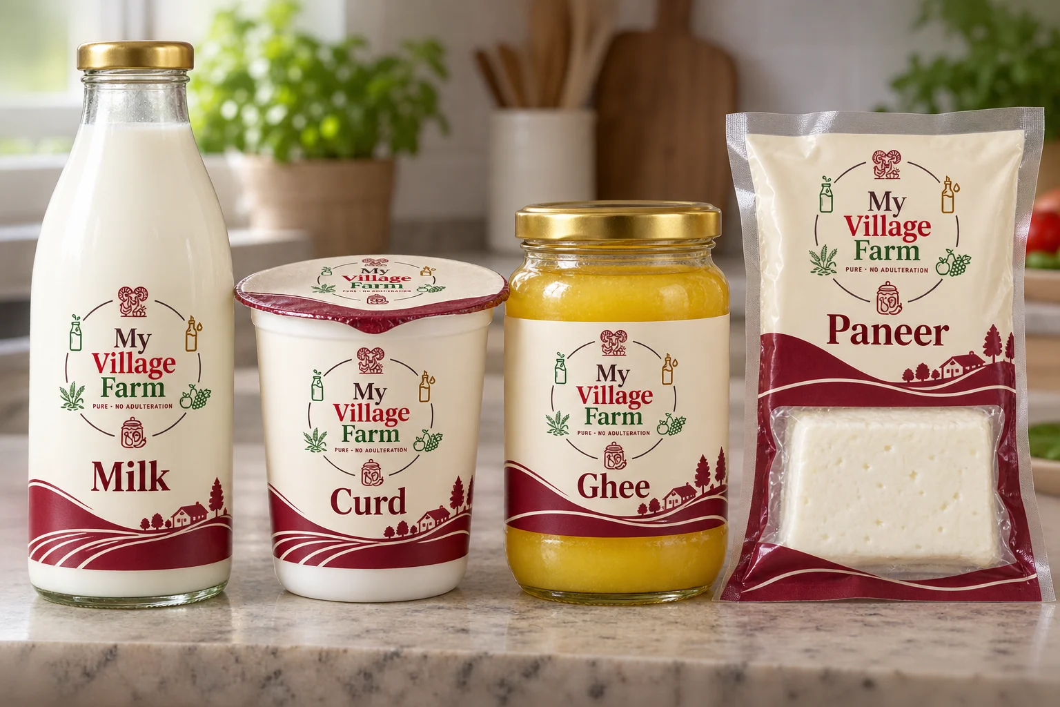 My Village Farm dairy branded packaging composition