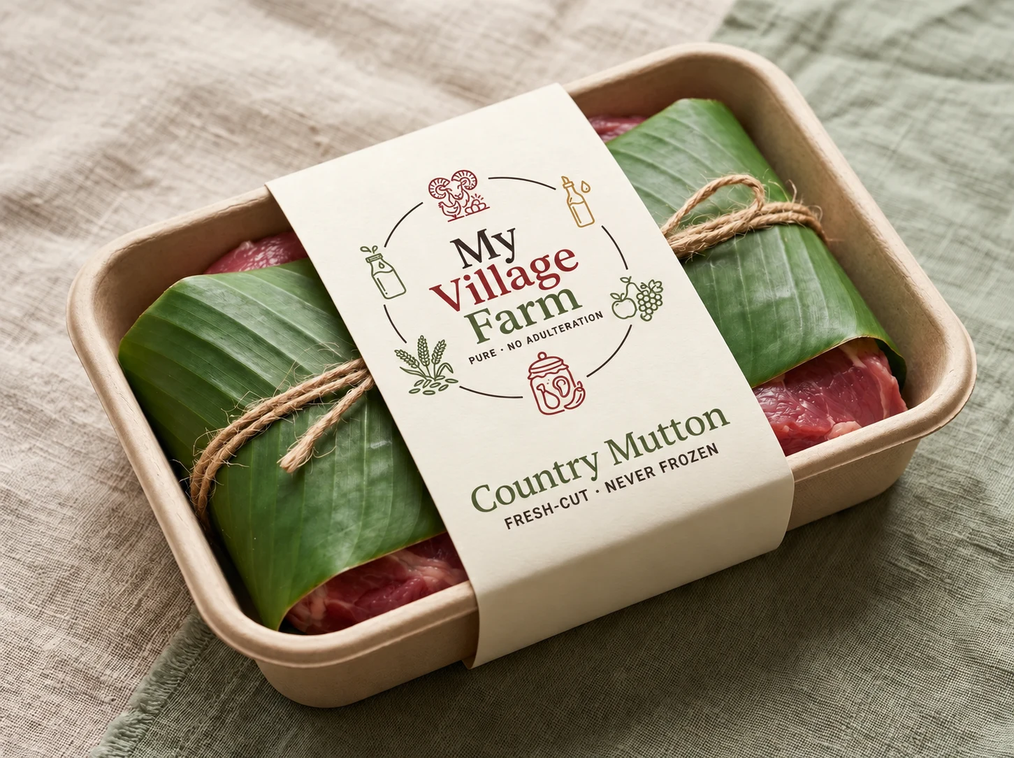 My Village Farm meat branded packaging composition