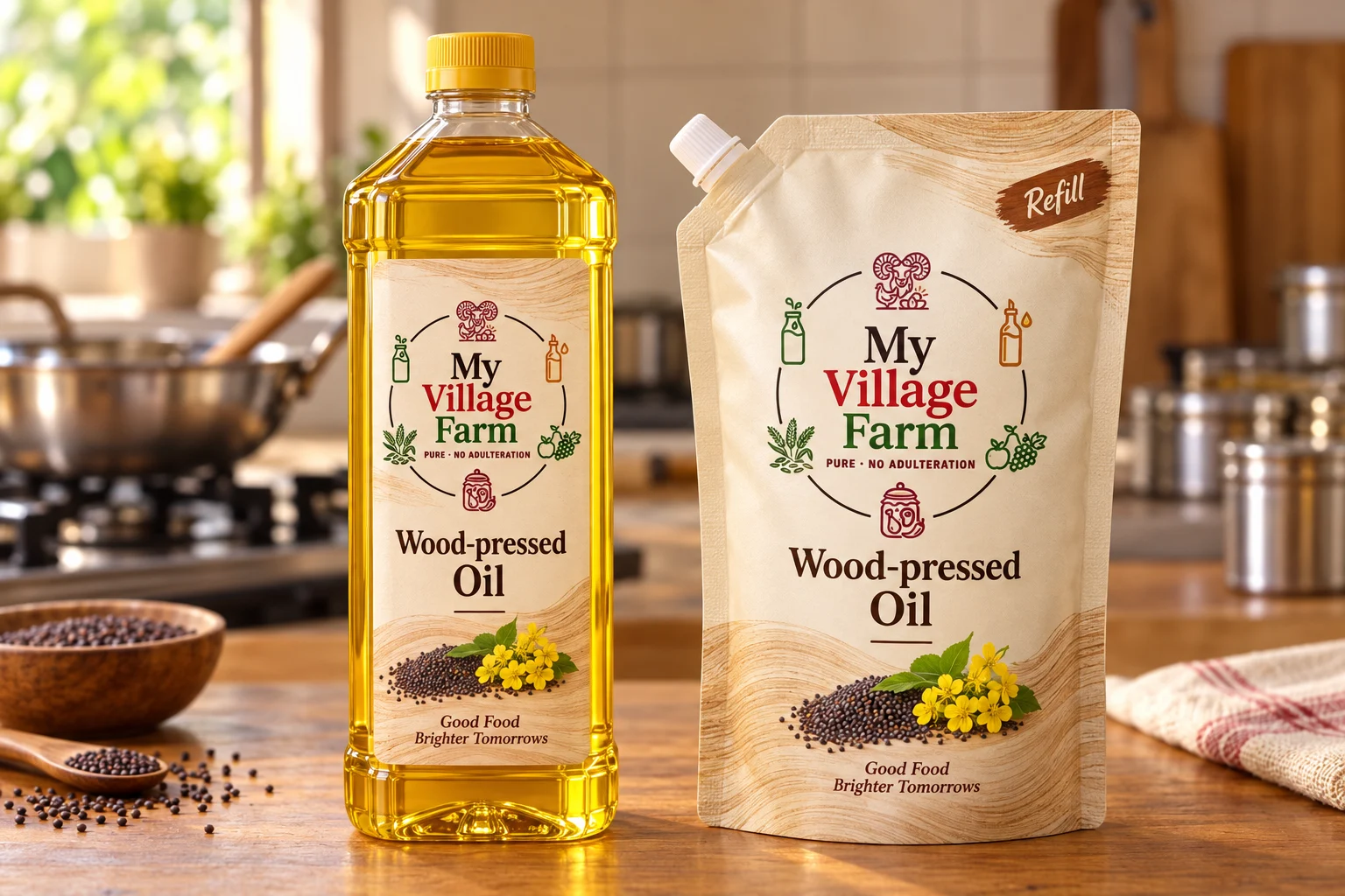 My Village Farm oils branded packaging composition