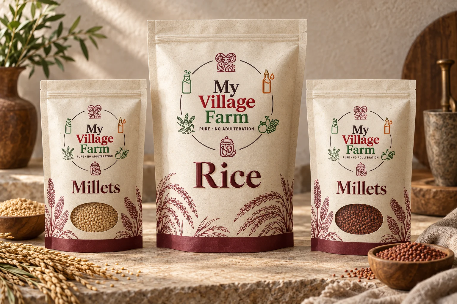 My Village Farm staples branded packaging composition